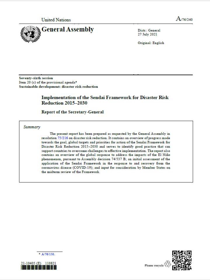 Implementation of the Sendai Framework for Disaster Risk Reduction 2015–2030