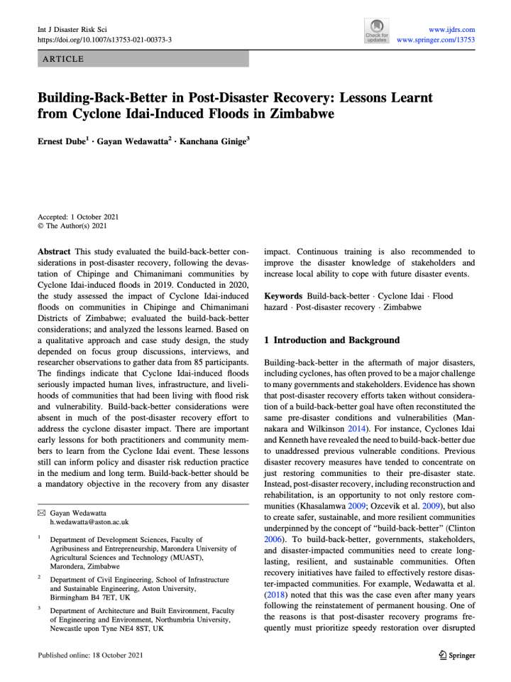 Coverage of "Building-back-better in post-disaster recovery: Lessons learnt from cyclone Idai-induced floods in Zimbabwe"