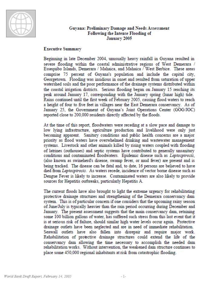 Floods 2005 Guyana Preliminary Damage and Needs Assessment