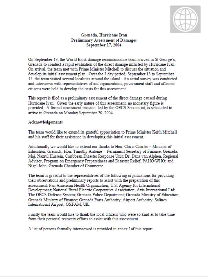 Hurricane Ivan 2004 Grenada Preliminary Assessment of Damage