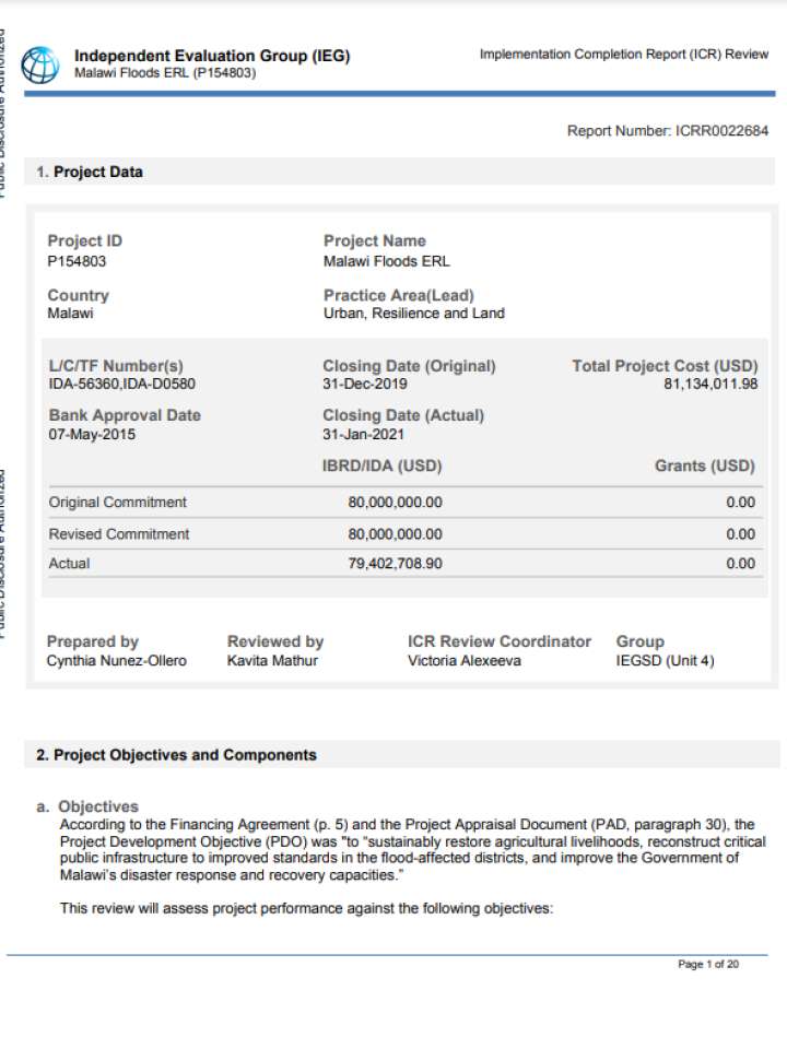 Malawi Floods ERL Implementation Completion Report (ICR) Review