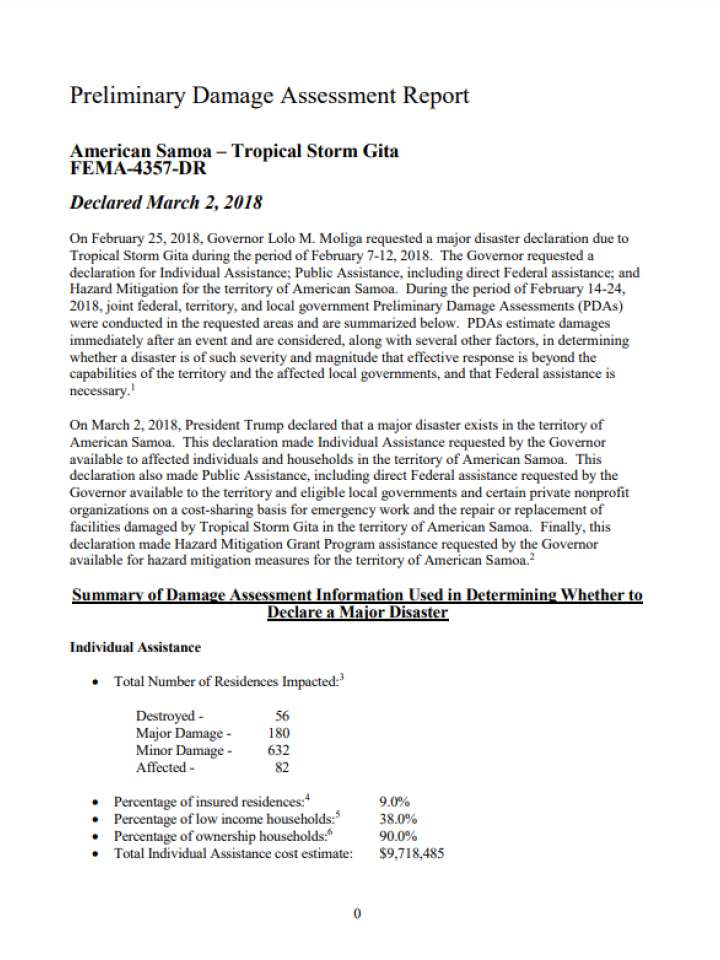 Preliminary Damage Assessment Report American Samoa – Tropical Storm Gita