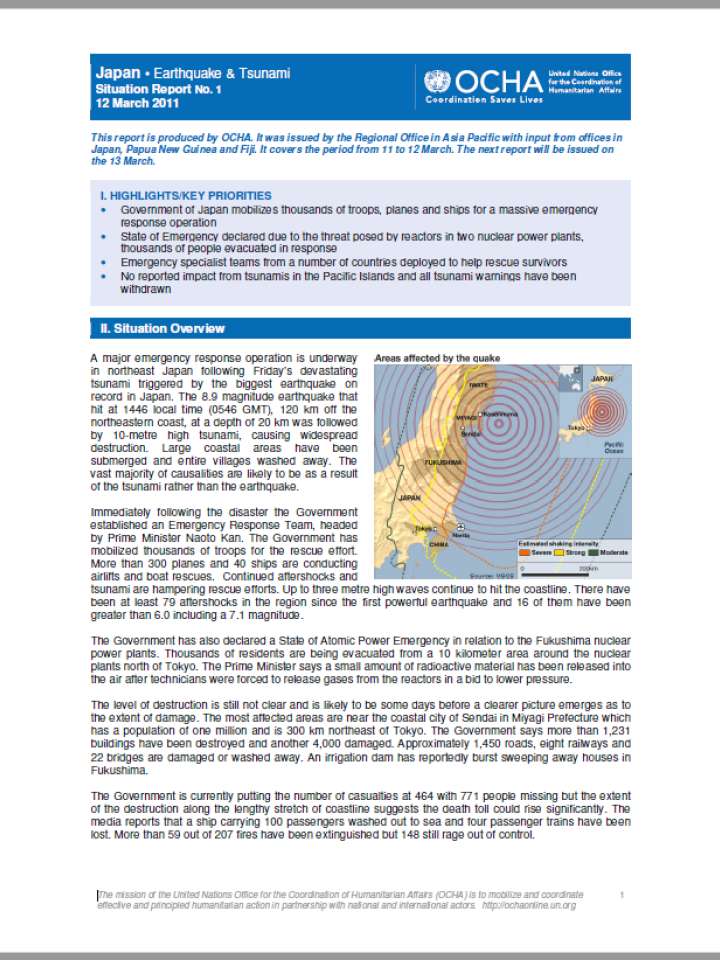 Japan: Earthquake & Tsunami Situation Report 