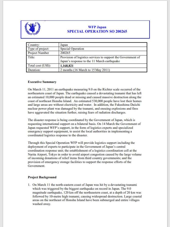 Provision Of Logistics Services To Support The Government Of Japan's Response To The 11 March Earthquake