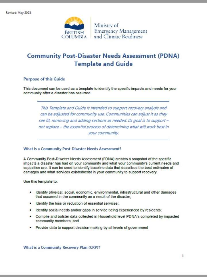 Community Post-Disaster Needs Assessment (PDNA) Template and Guide-British Columbia