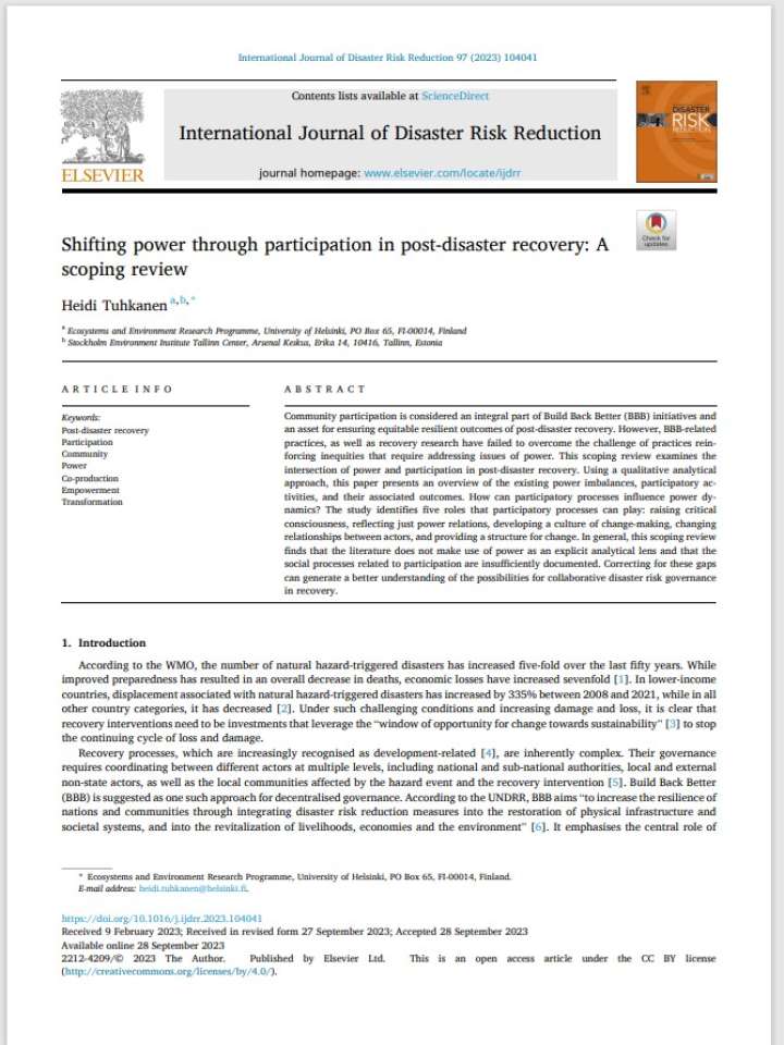 Shifting power through participation in post-disaster recovery: A scoping review