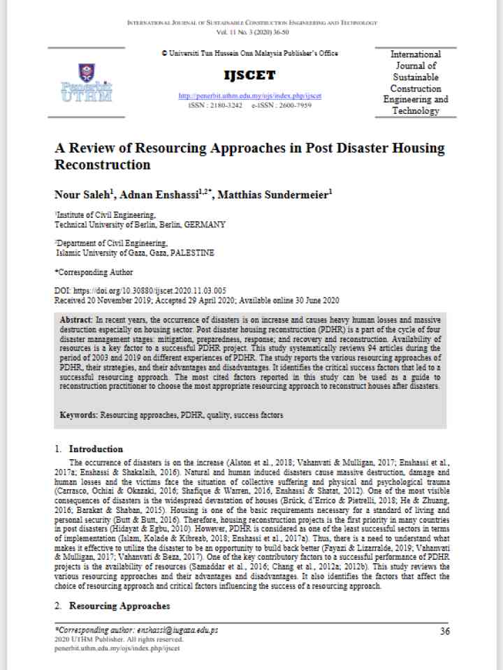 A Review of Resourcing Approaches in Post Disaster Housing Reconstruction