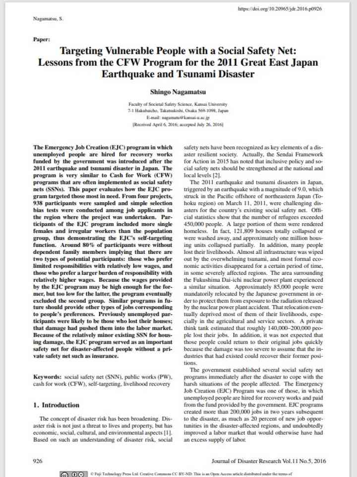 Targeting Vulnerable People with a Social Safety Net: Lessons from the CFW Program for the 2011 Great East Japan Earthquake and Tsunami Disaster