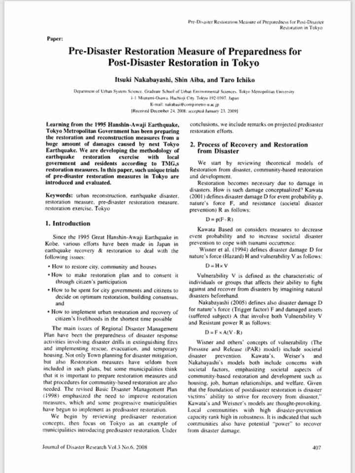 Pre-Disaster Restoration Measure of Preparedness for Post-Disaster Restoration in Tokyo