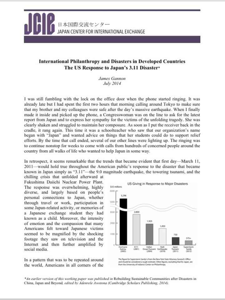 International Philanthropy and Disasters in Developed Countries - The US Response to Japan’s 3.11 Disaster