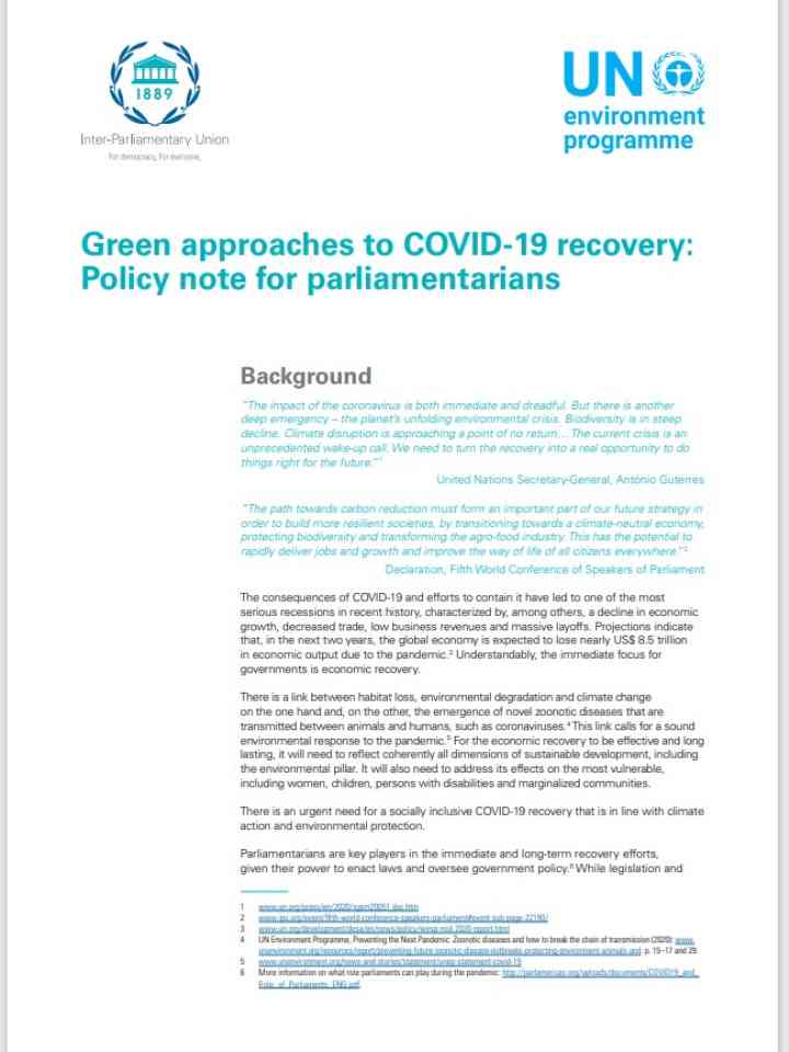 Green Approaches to COVID-19 Recovery: Policy Note for Parliamentarians