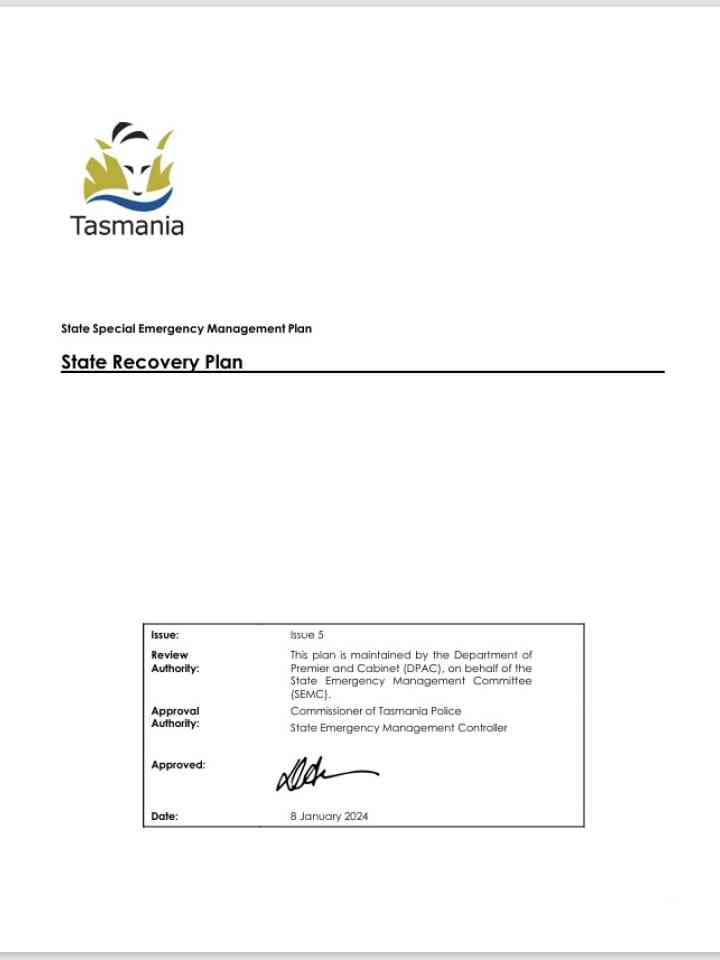 Tasmania State Special Emergency Management Plan- State Recovery Plan