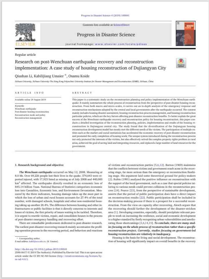 Research on post-Wenchuan earthquake recovery and reconstruction implementation: