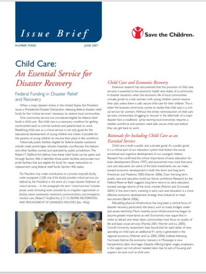 Child Care: An essential service for disaster recovery