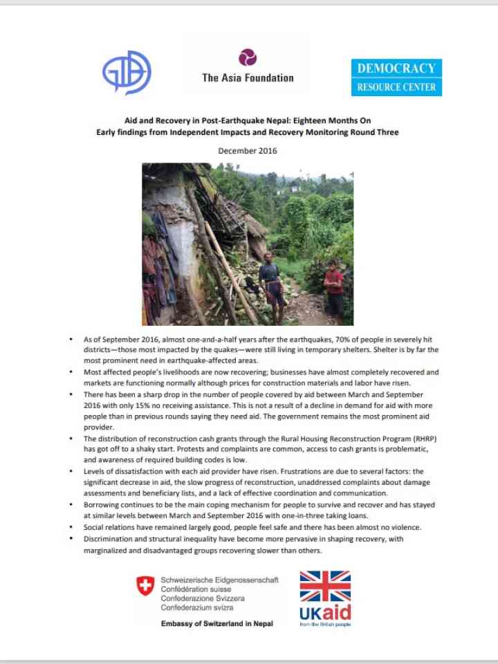 Aid and Recovery in Post‐Earthquake Nepal: Eighteen Months On