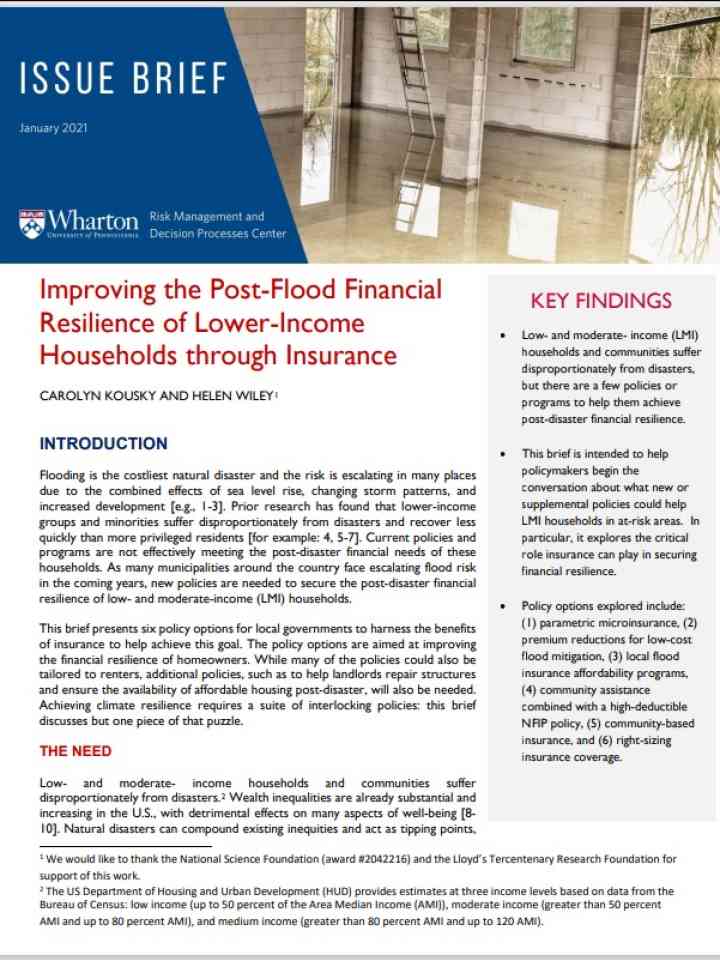 Improving the Post-Flood Financial  Resilience of Lower-Income  Households through Insurance