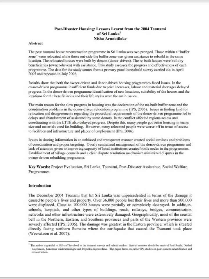 Post-disaster Housing: Lessons Learnt from the 2004 Tsunami of Sri Lanka