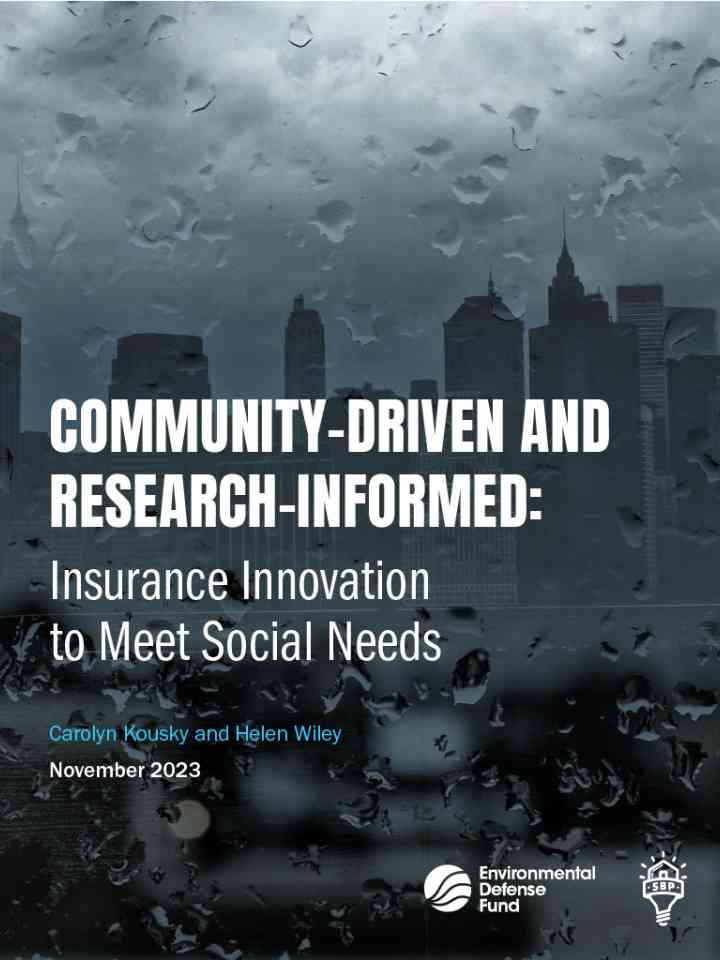 The cover of the Community-Driven and Research-Informed document. It shows a dark city skyline viewed through a rain-covered window with the report name, authors, and date over-top. 