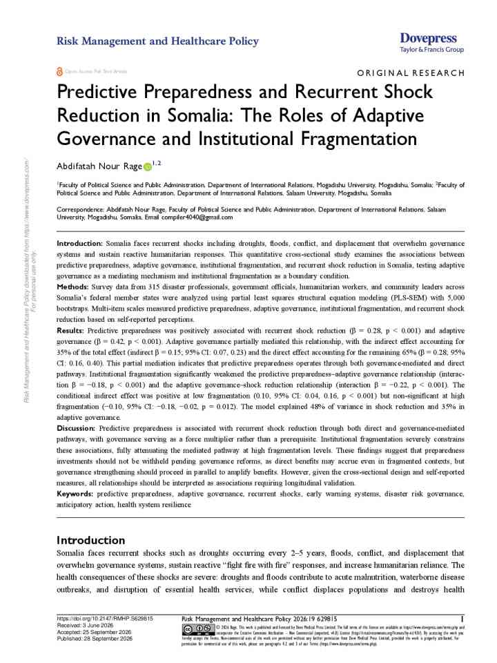 Predictive preparedness and recurrent shock reduction in Somalia: The roles of adaptive governance and institutional fragmentation thumbnail