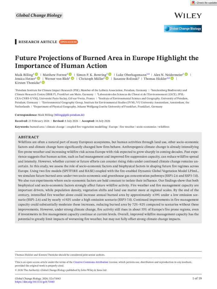 Future projections of burned area in Europe highlight the importance of human action thumbnail