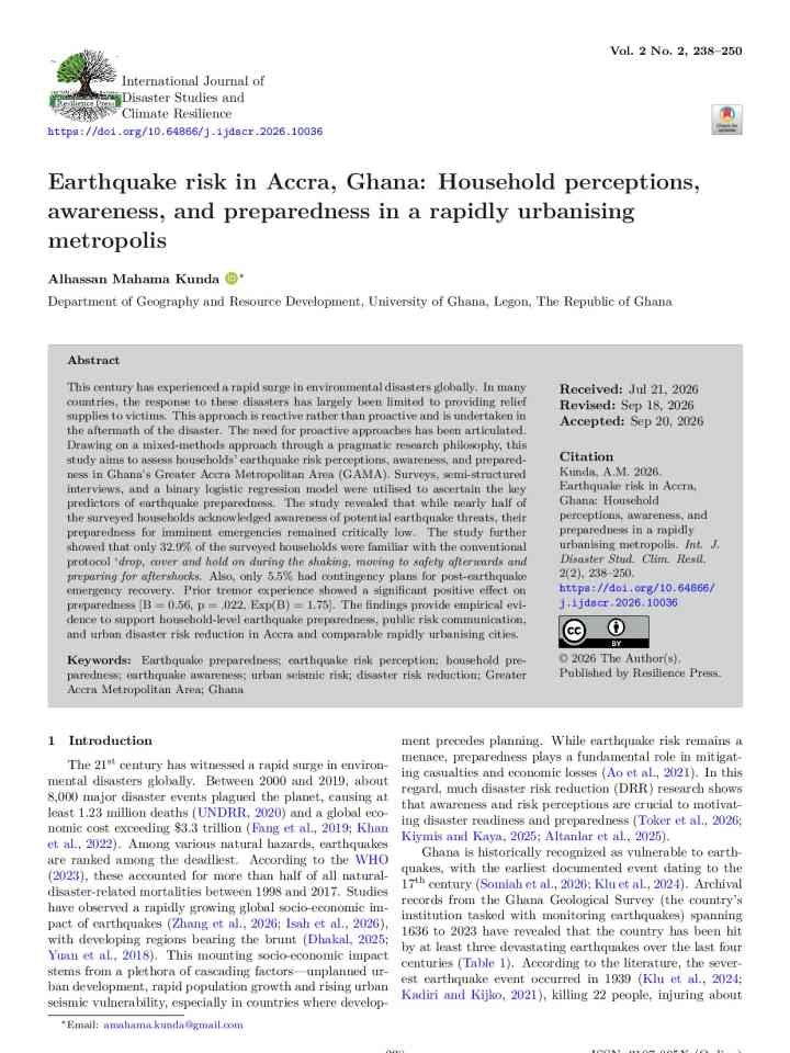 Earthquake risk in Accra, Ghana: Household perceptions, awareness, and preparedness in a rapidly urbanising metropolis thumbnail
