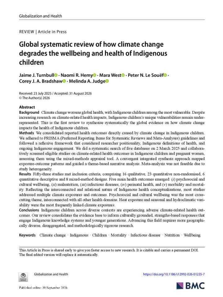 Global systematic review of how climate change degrades the wellbeing and health of Indigenous children thumbnail