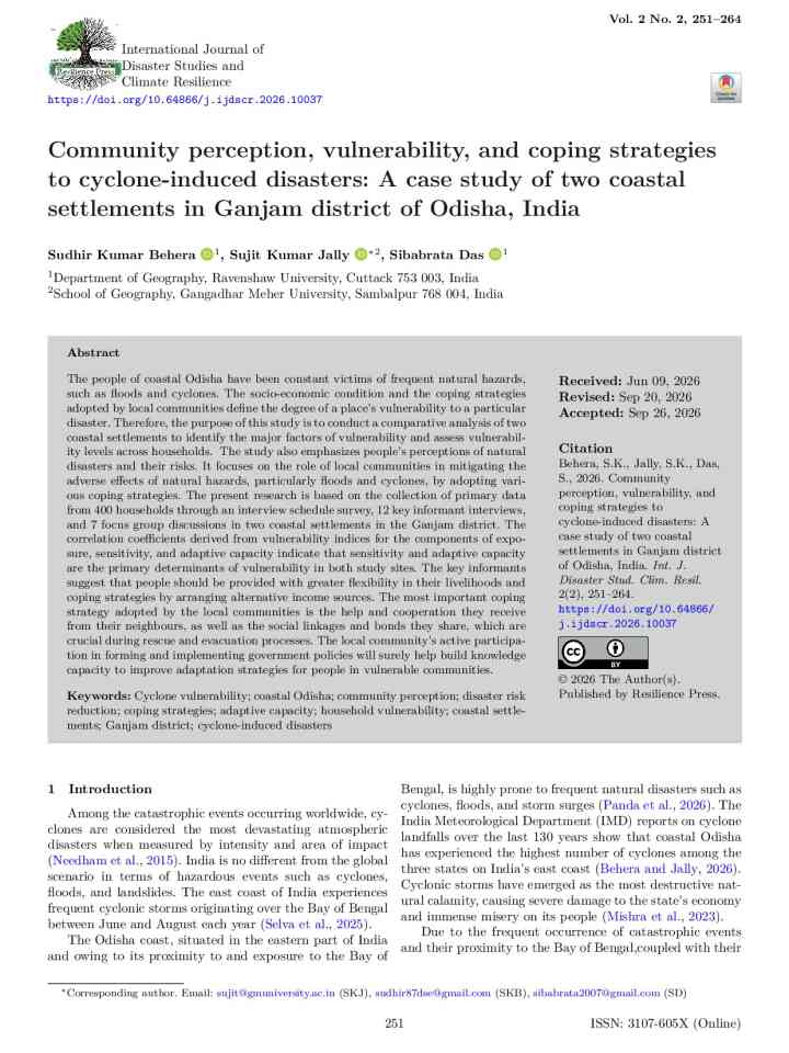 Community perception, vulnerability, and coping strategies to cyclone-induced disasters: A case study of two coastal settlements in Ganjam district of Odisha, India thumbnail