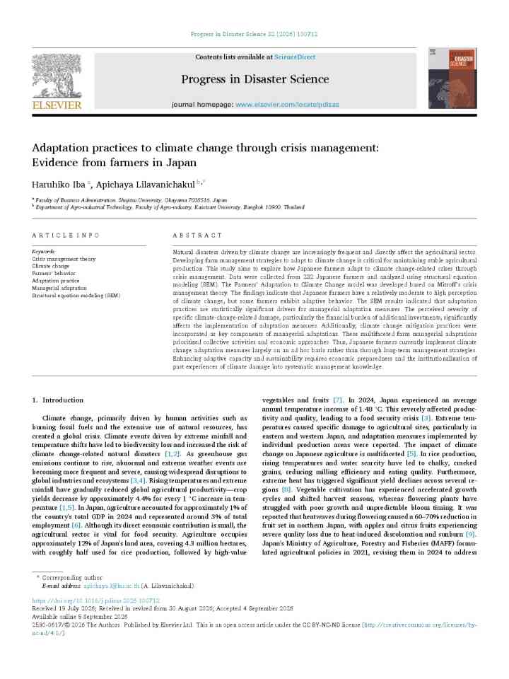 Adaptation practices to climate change through crisis management: Evidence from farmers in Japan thumbnail