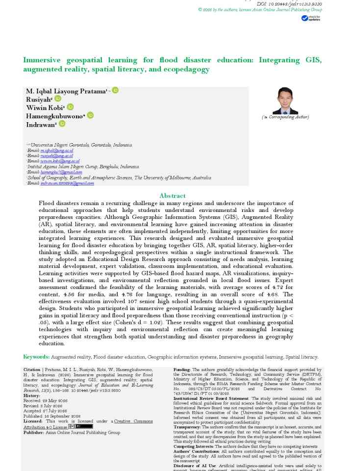 Immersive geospatial learning for flood disaster education: Integrating GIS, augmented reality, spatial literacy, and ecopedagogy thumbnail