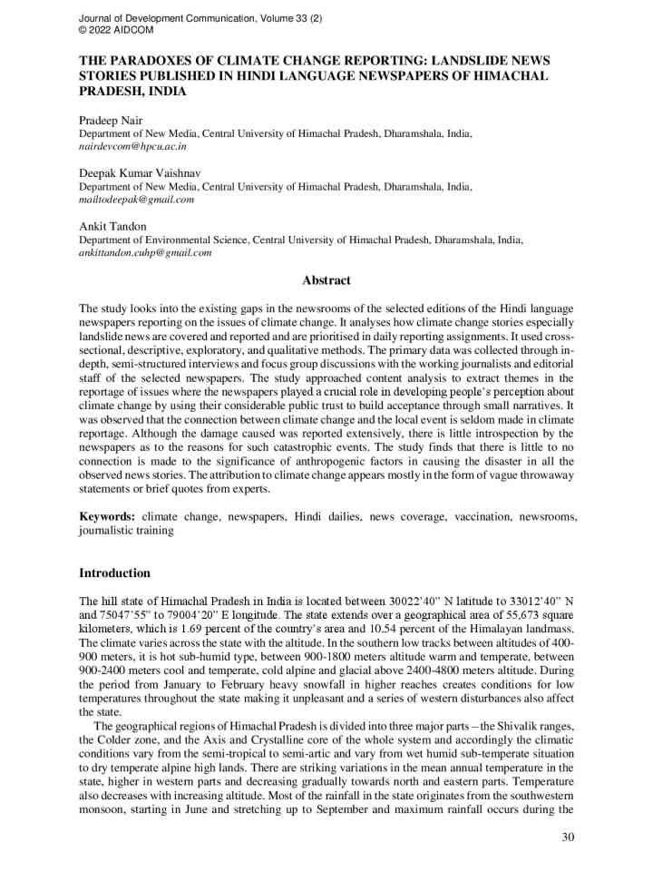 The Paradoxes of Climate Change Reporting: A study of landslide news coverage in Hindi language newspapers of Himachal Pradesh, India thumbnail