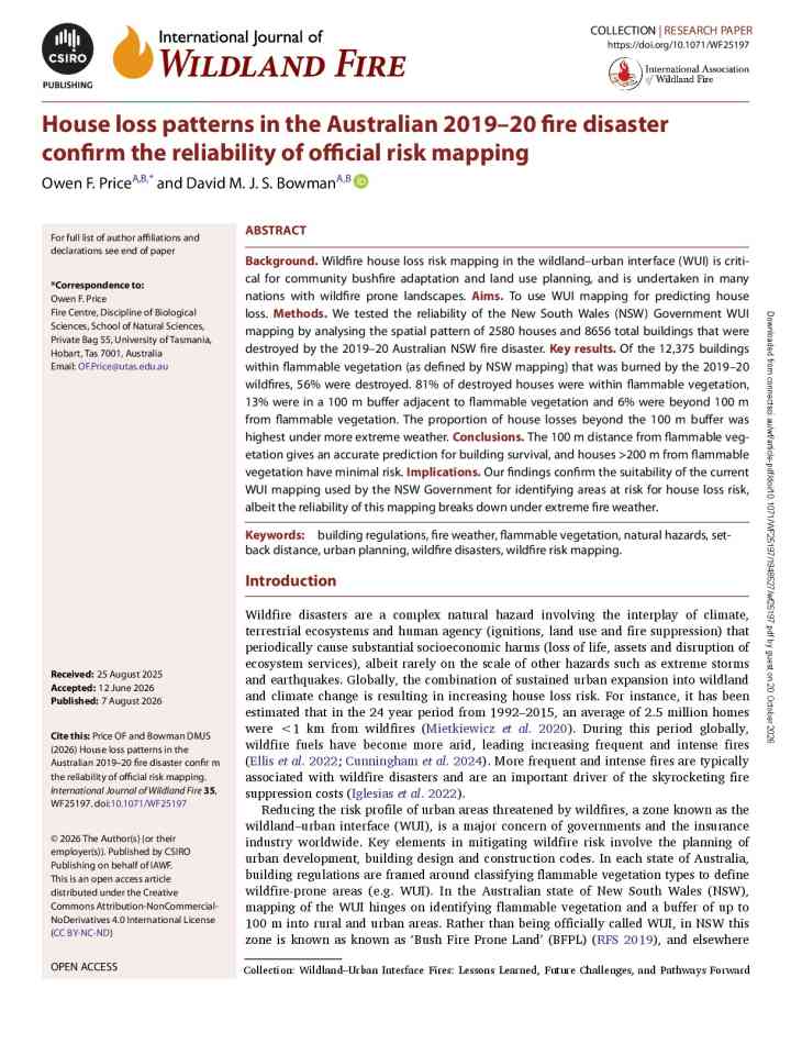 House loss patterns in the Australian 2019–20 fire disaster confirm the reliability of official risk mapping thumbnail