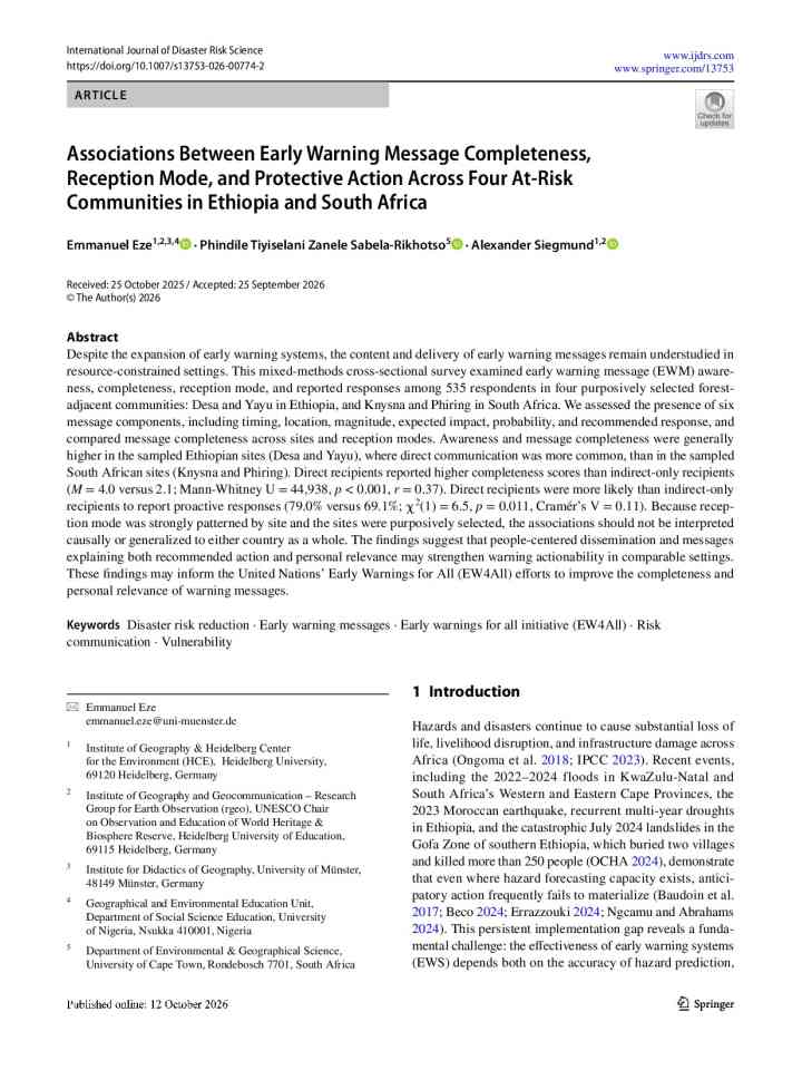 Associations between early warning message completeness, reception mode, and protective action across four at-risk communities in Ethiopia and South Africa thumbnail
