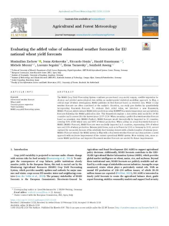 Evaluating the added value of subseasonal weather forecasts for EU national wheat yield forecasts thumbnail