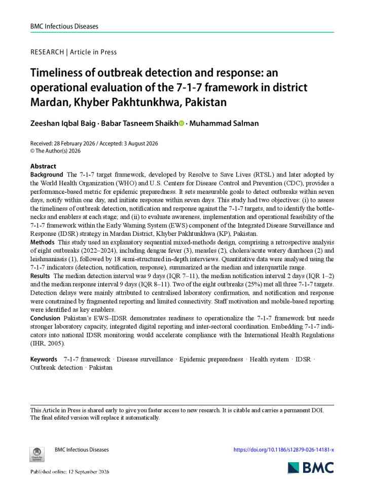 Timeliness of outbreak detection and response: an operational evaluation of the 7-1-7 framework in district Mardan, Khyber Pakhtunkhwa, Pakistan thumbnail