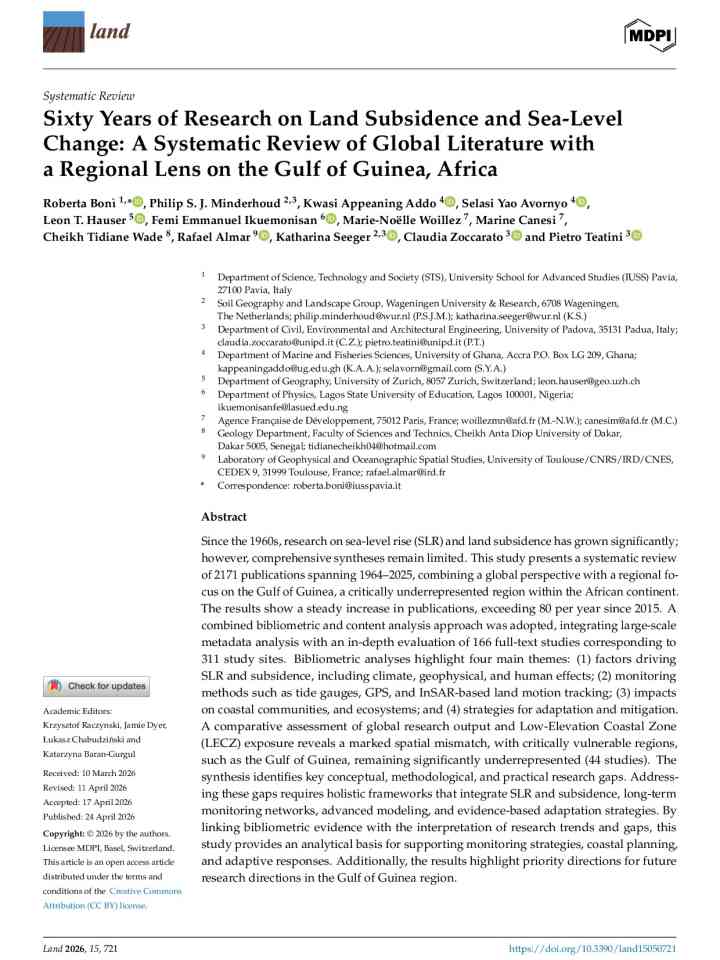 Sixty years of research on land subsidence and sea-level change: a systematic review of global literature with a regional lens on the Gulf of Guinea, Africa  thumbnail