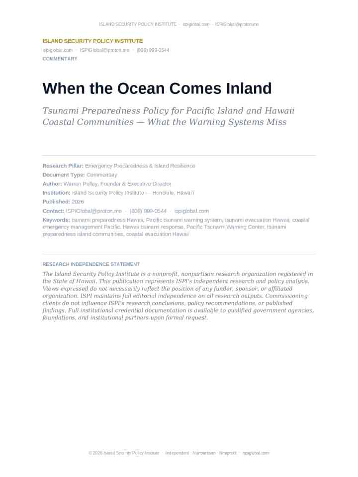 When the ocean comes inland: Tsunami preparedness policy for Pacific island and Hawaii coastal communities — What the warning systems miss thumbnail