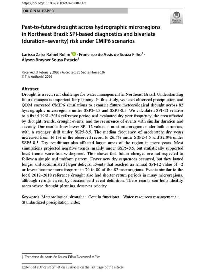 Past-to-future drought across hydrographic microregions in Northeast Brazil: SPI-based diagnostics and bivariate (duration–severity) risk under CMIP6 scenarios thumbnail