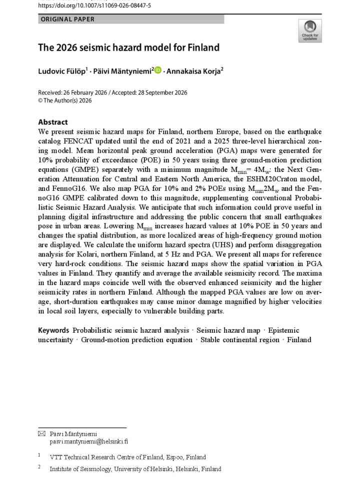 The 2026 seismic hazard model for Finland thumbnail