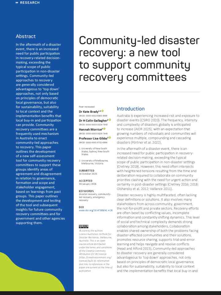 Community-led disaster recovery: A new tool to support community recovery committees thumbnail