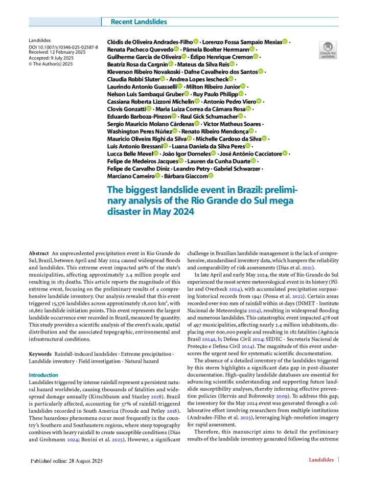The biggest landslide event in Brazil: preliminary analysis of the Rio Grande do Sul mega disaster in May 2024 thumbnail