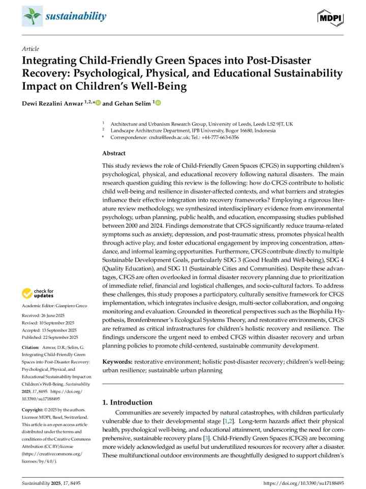 Integrating child-friendly green spaces into post-disaster recovery: Psychological, physical, and educational sustainability impact on children’s well-being thumbnail