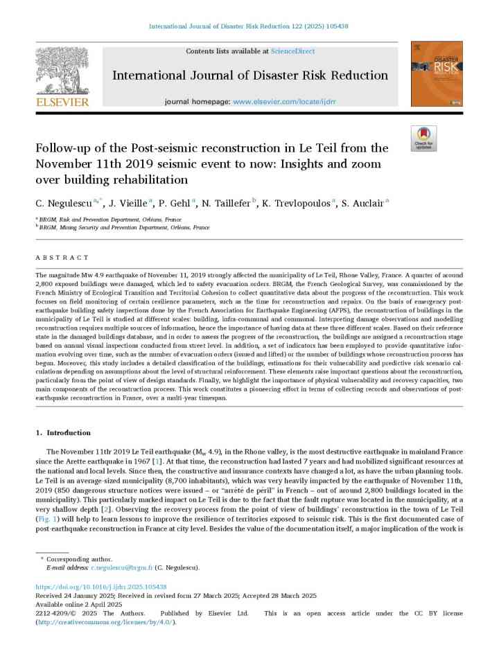 Follow-up of the post-seismic reconstruction in Le Teil from the November 11th 2019 seismic event to now: Insights and zoom over building rehabilitation thumbnail